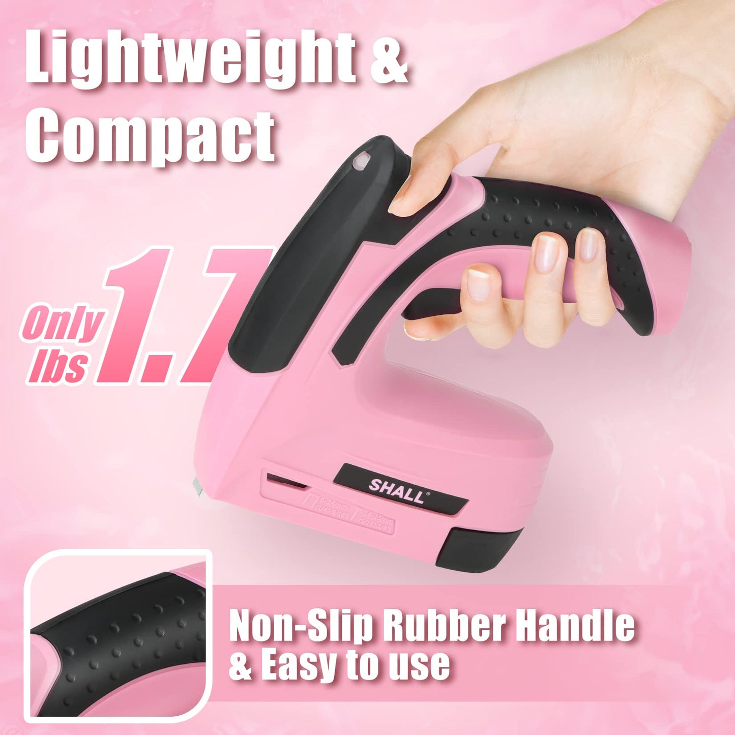 SHALL Pink Electric Staple Gun, 2 in 1 Cordless Upholstery Stapler Nail Gun for Wood, 4V Rechargeable Brad Nailer Kit w/ 2500 Staples Nails, Staple Remover & Fast Charger for Crafts, DIY, Decoration