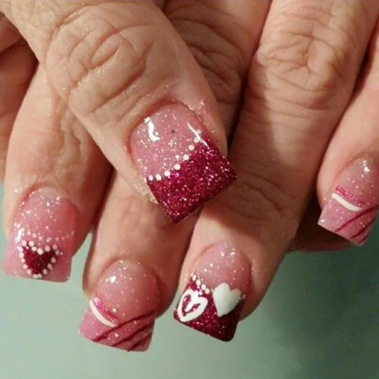 24Pcs Valentine's Day Press on Nails Short Square French Tip Fake Nails Pink Glitter False Nails Red Heart Artificial Nails Full Cover Glue on Nails Nude Stick on Nails Valentines Nails for Women DIY