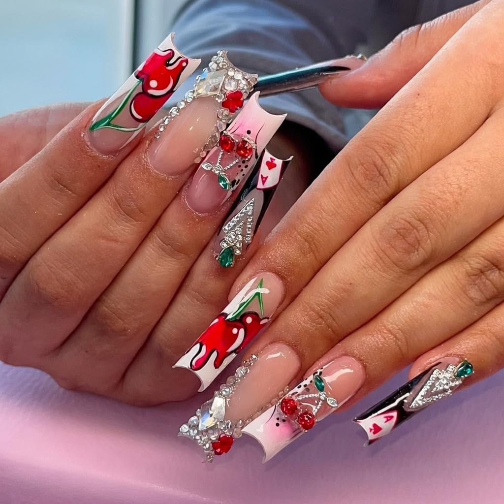 Pizadix 106Pcs Silver Red Nail Art Charms, 3D Cherry Money Bag Coin Gun Cross Jewelry, Y2K Retro Luxury Designer Nail Supplies