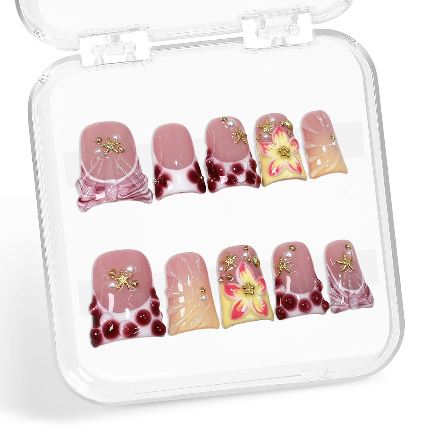 Duck Handmade Press on Nails Short Muti-Layer Gel False Nail Kit Blue Pink French Tip Fake Nails with 3D Flower Starfish and Pearl Design Luxury Artificial Full Cover Stick on Nails for Women (Size S)