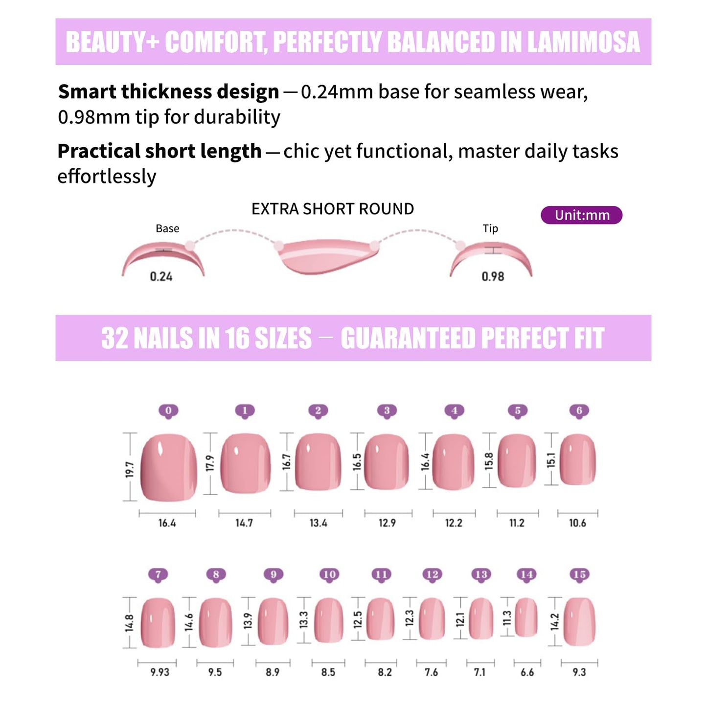 LAMIMOSA 32Pcs Press On Nails Short Round - Ombre Fake Nails with Glue, Soft Gel Nails in 16 Sizes, Reusable Glue on Nails kit, CAPPUCCINO
