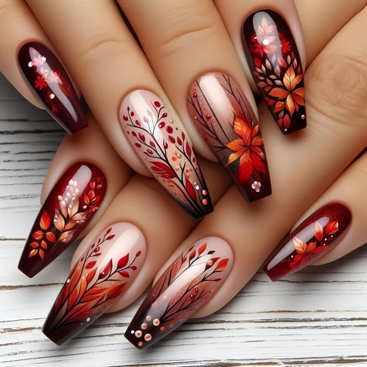 24Pcs Fall Maple Leaves Press on Nails Medium Coffin Fake Nails Full Cover Glossy Glue on Nails Red Gradient Autumn Acrylic False Nails for Women Manicure Kit