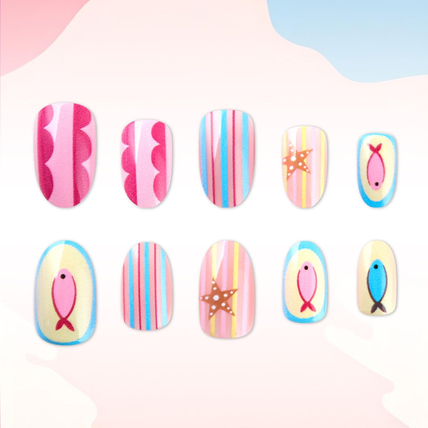 Cute Fish Press on Nails With Ocean Design, Glossy Colorful Striped Fake Nail, Medium Oval False Nails Starfish Glue on Nail, Beach Stick on Reusable Acrylic Fingernails for Women Summer Daily Wear