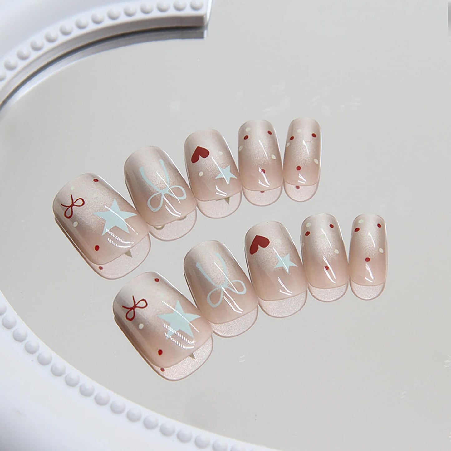 FIEONCIY Press on Nails Short Square Shaped Glossy Full Cover Acrylic Extra Short Square False Nails with Love Heart Designs Artificial Fake Nails Glue Stick ons Fingernails for Women Girls(R853)