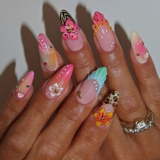 Mkwntg 24Pcs Flower Press on Nails Medium Almond Fake Nails with 3D Gold Beads Pearl Shell Rhinestones Design Blue Leopard Brown French Tip False Nails Pink Ombre Full Cover Stick on Nails for Women