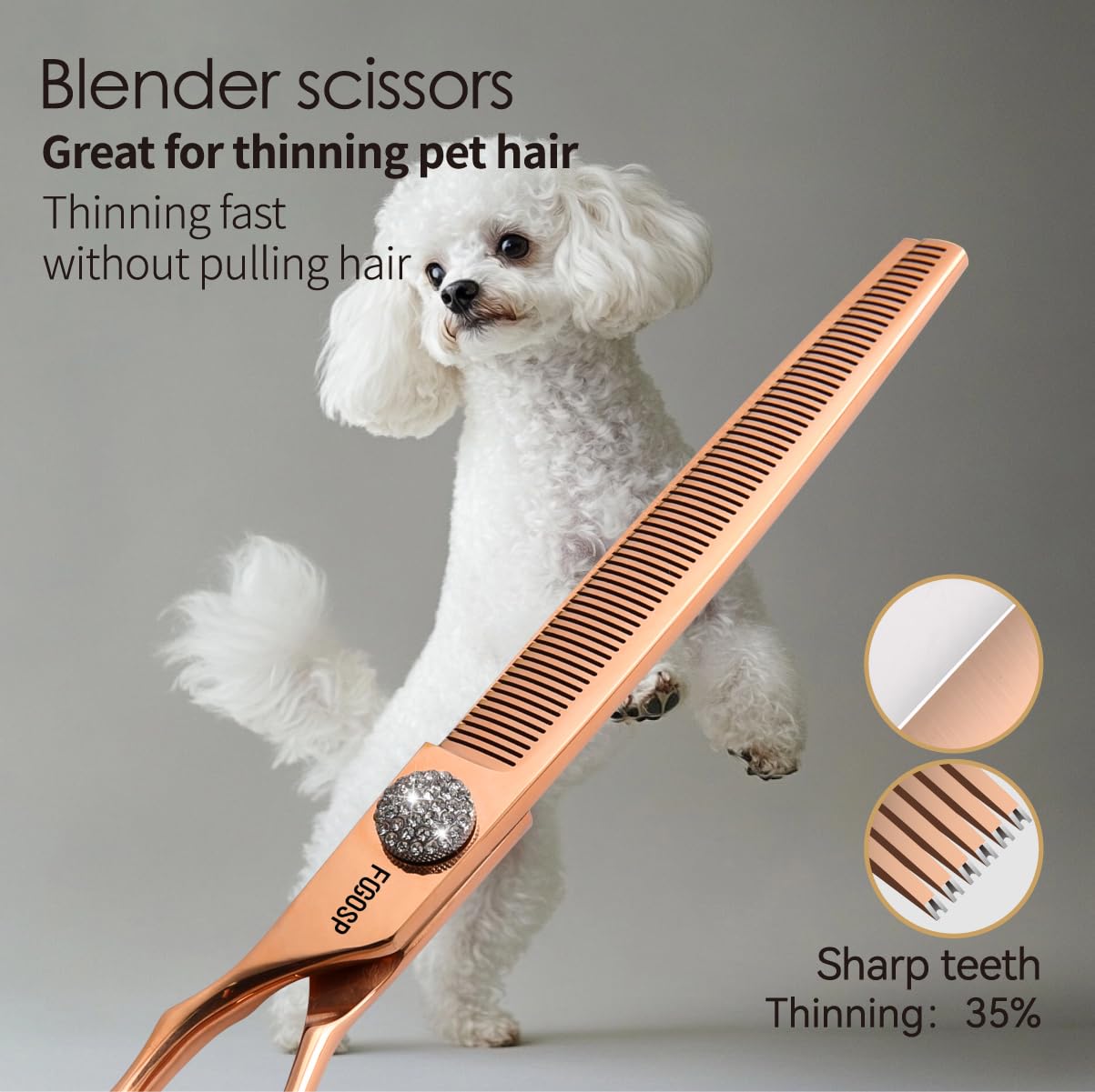 FOGOSP Left Handed Dog Grooming Scissors Set 4PCS Rose Gold Titanium Curved Thinning Straight Chunkers Shears Kit with White Artificial Diamonds Ergonomic Offset Handle Japan 440C