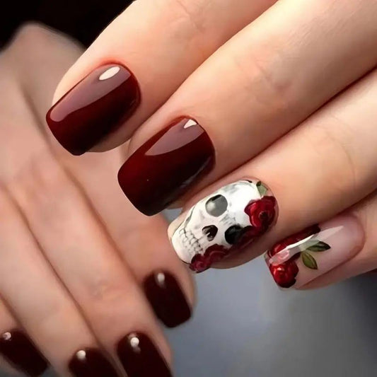 Short Square Press on Nails Halloween Skull Press on Nails Wine Red Flower False Nails Full Cover Glossy Stick on Nails Halloween Reusable Acrylic Nails for Women Girls 24Pcs