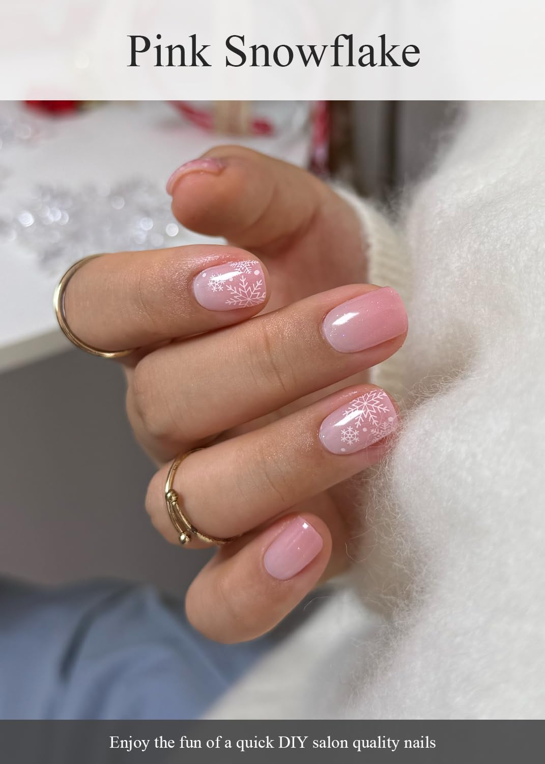 AutyaMee Semi Cured Gel Nail Strips (Pink Snowflake), 20 Pcs Christmas Gel Nail Wraps, Stickers, Salon Quality, Long Lasting, Works with Any UV Lamps