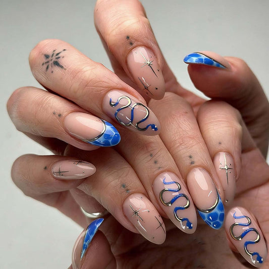 LINMEIZAI 24 Pcs French Tip Press on Nails Short Almond 3D Snake Fake Nails Press ons Nail Tips Glue on Nails Acrylic Nail Kit with Glitter Blue Design False Nails Stickers Nail Art for Women