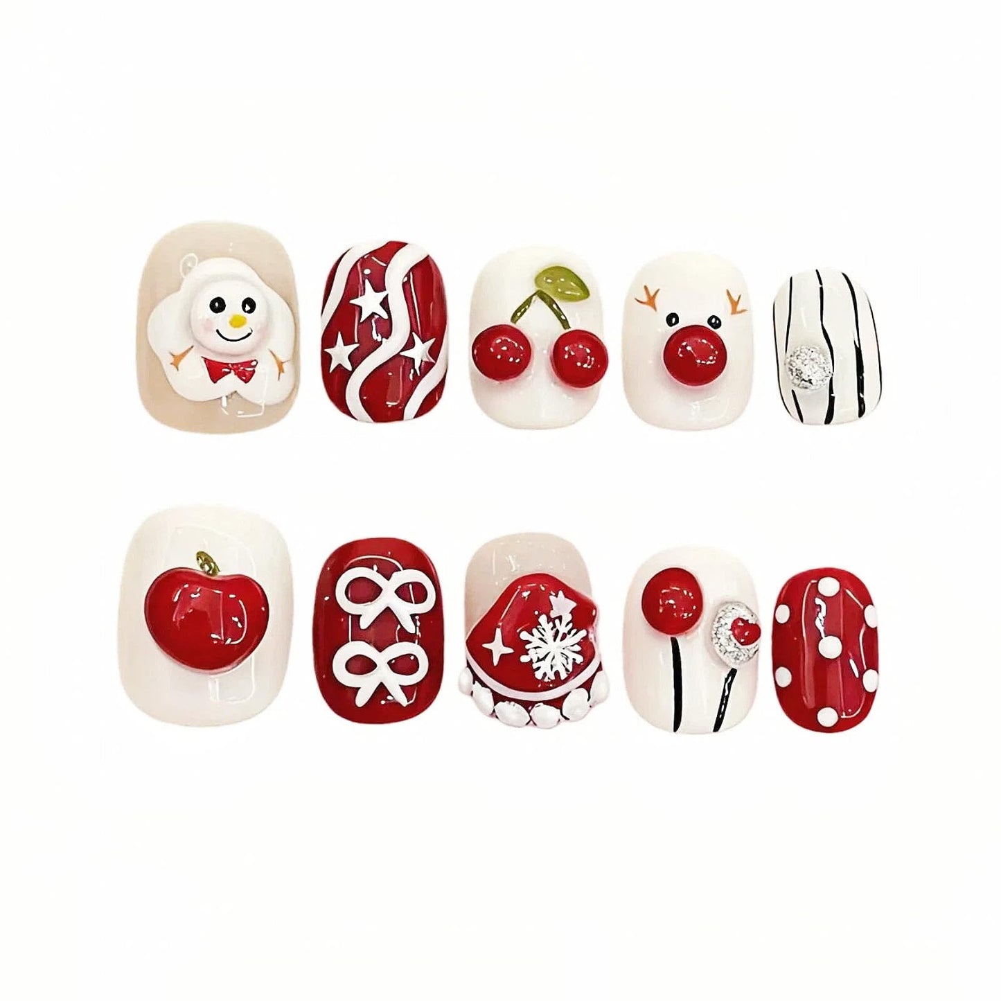 Tesytto Handmade Press on Nails Short Oval - Cute 3D Cherry Design, Red & White Kawaii Multi-Layer Gel False Nails, Salon Quality Reusable Nails (Cute Snowman,S)
