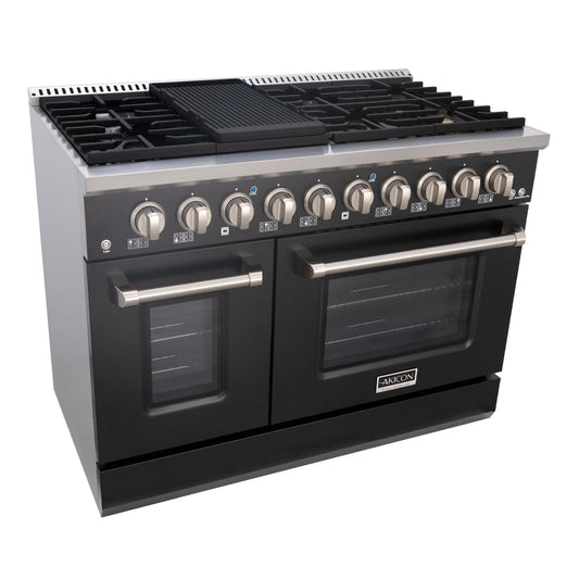 Akicon 48 Inch Freestanding Gas Range - 6.7 cu. ft. Double Rapid Convection Oven - Gas Stove with 8 Sealed Burners & a Griddle, Heavy Duty Cast Iron Grates (Black & Stainless Steel)