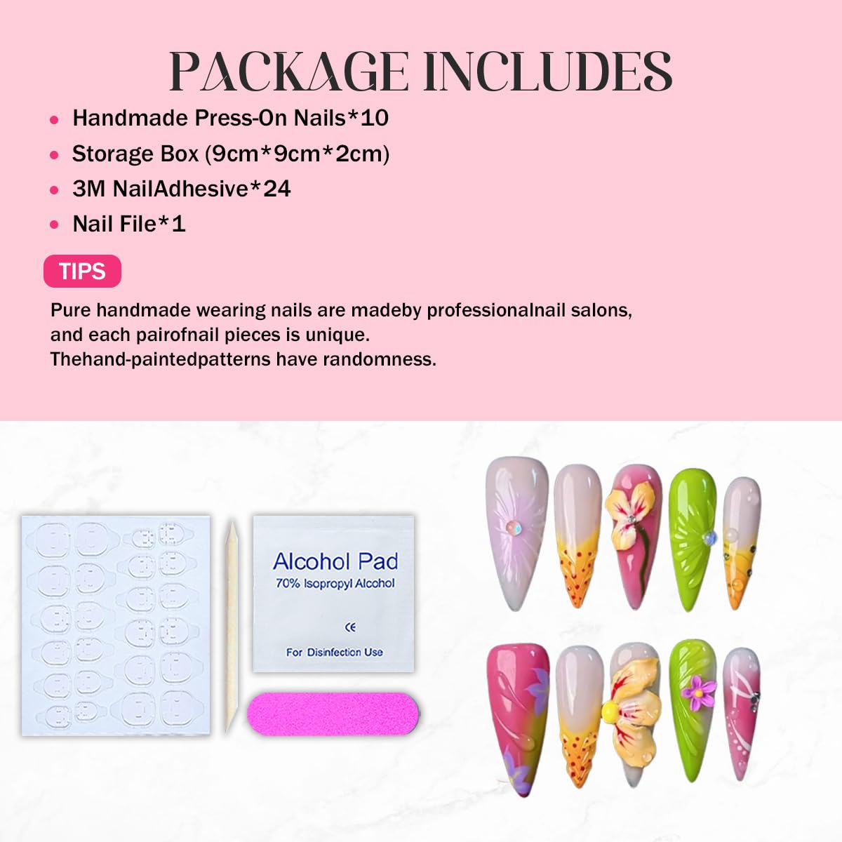Press on Nails Handmade Stiletto Almond Shaped Medium False Nails Luxury 3D Flower and Droplet Design Full Cover French Tip Muti-Layer Gel Fake Nail Colorful Stick on Nails for Women DIY Nail Art（M)