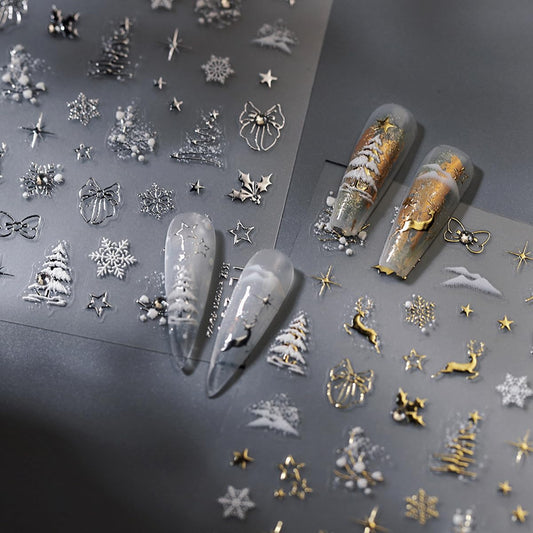 5D Embossed Chirstmas Nail Art Stickers 2 Sheets Xmas Tree Snowflakes Nail Decal Self Adhesive Pegatinas Uñas for Women Nail Supplies Art Design Stickers