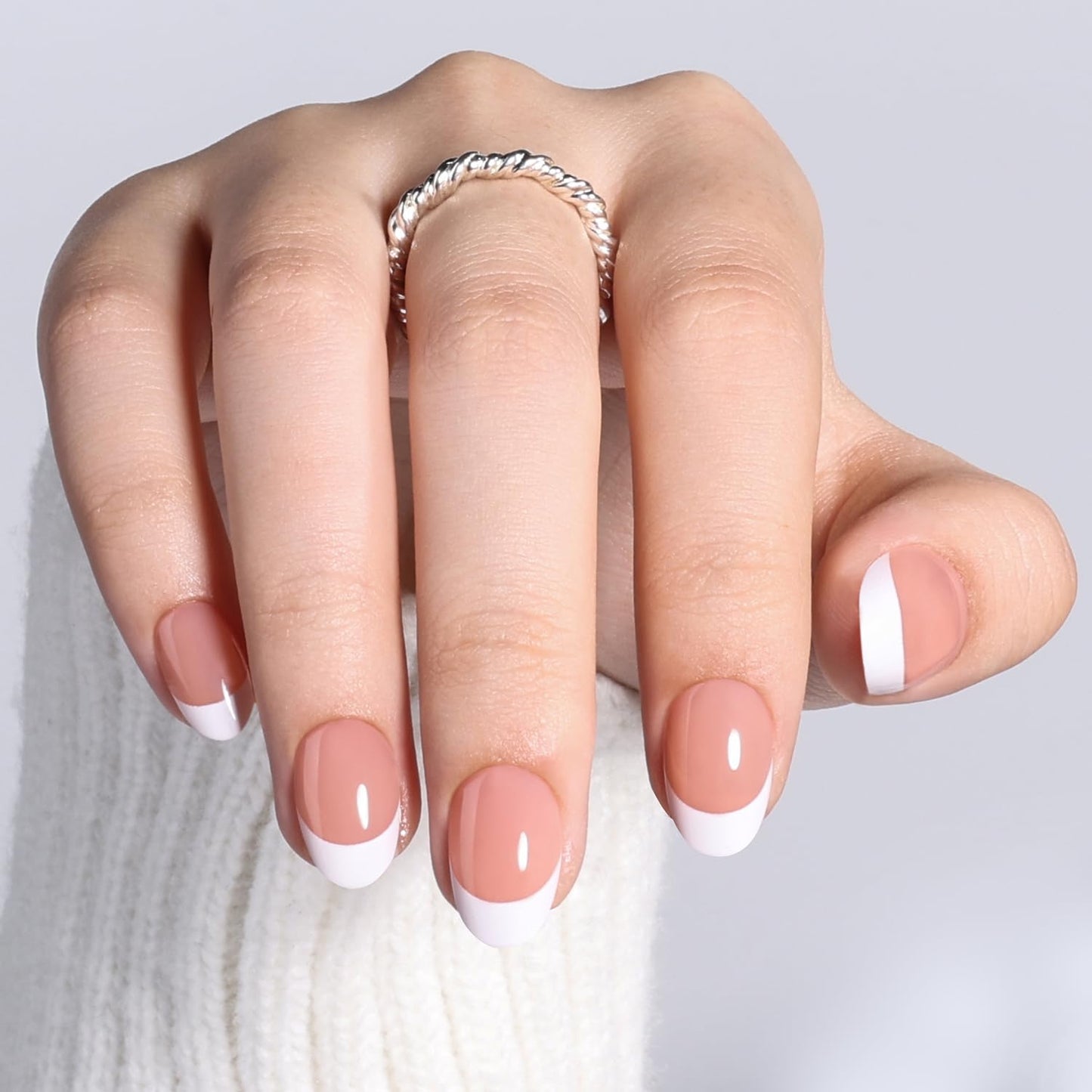 Leefrei French Tip Press On Nails Short Almond - Warm Nude Base with White Tips, Natural Almond French Fake Nails, Reusable Glue On Nails Kit, 32pcs in 16 Sizes Nails Press ons, Latte French