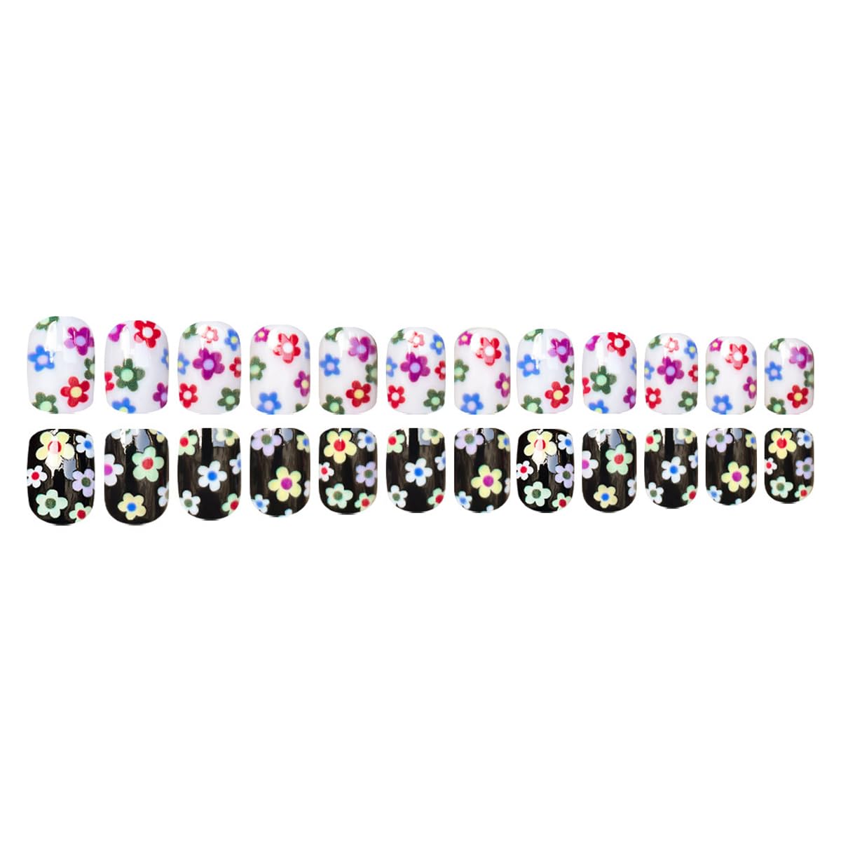 Flower Press on Nails Short Square Fake Nails Black White Nails Press ons with Colorful Floral Design,Spring Summer Reusable Artificial Nails,24Pcs Nail Kit for Women Manicure