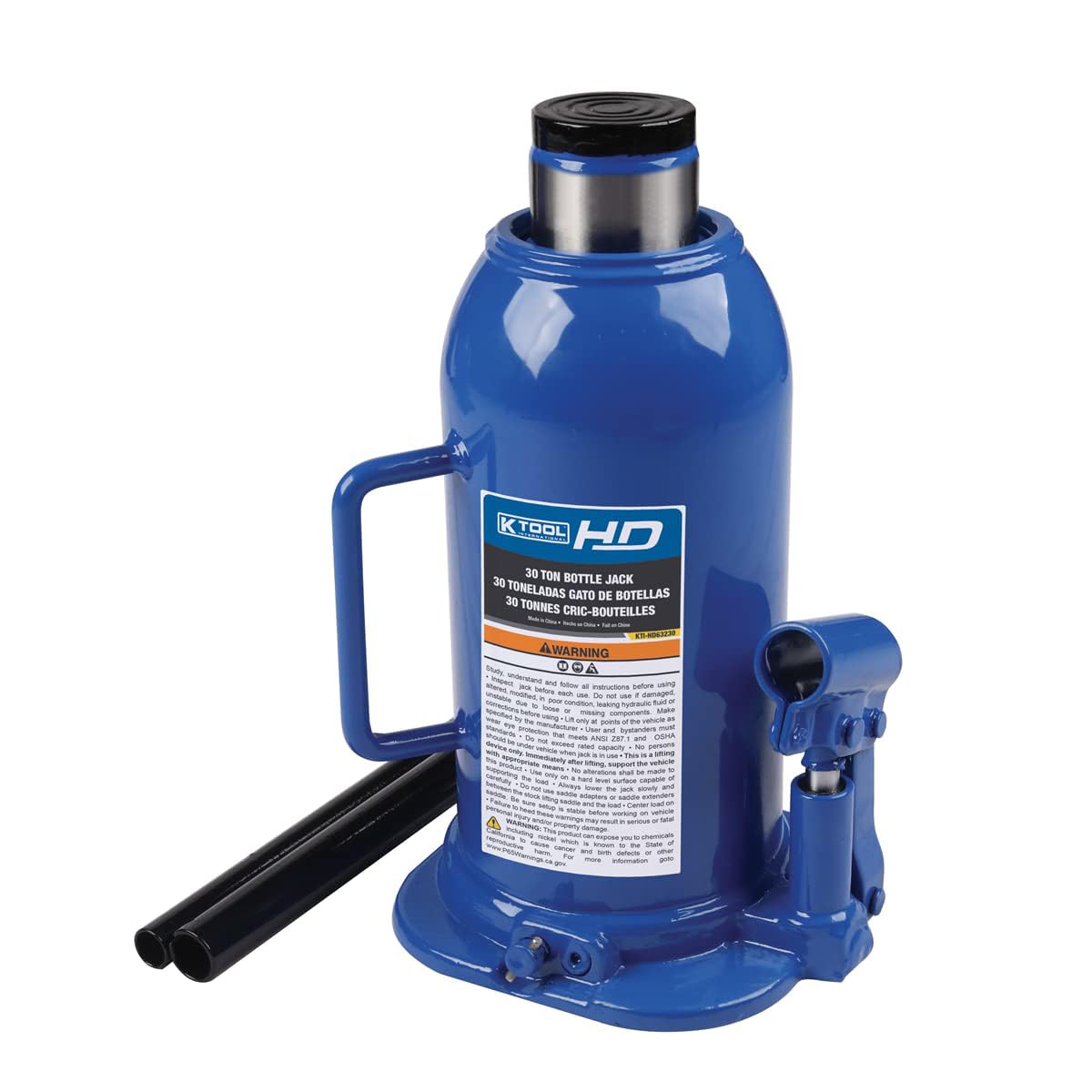 K Tool International HD63230 30 Ton Hydraulic Bottle Jack for Garages, Repair Shops, and DIY, 60,000 lbs. Capacity, Lift Range 10.24" - 16.54", Heavy Duty Steel, Load-limiting/Bypass Valves, Blue