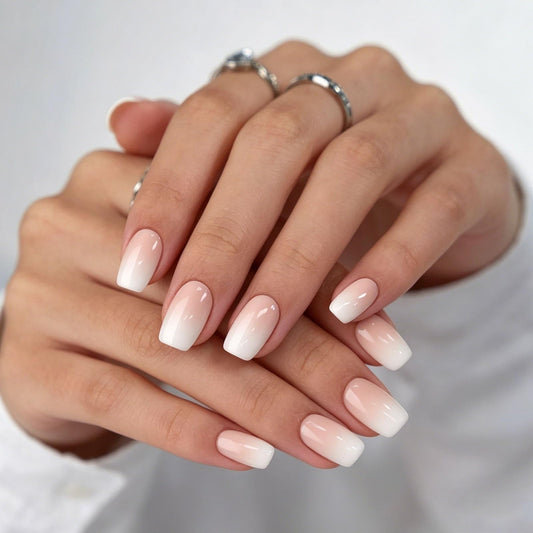 Square Short Press on Nails for Women 24Pcs White Ombre Glue on Nail Artificial Acrylic Manicure Set with Gradation Designs Nude Glossy False Nail Kit, Gift for Nails Lovers