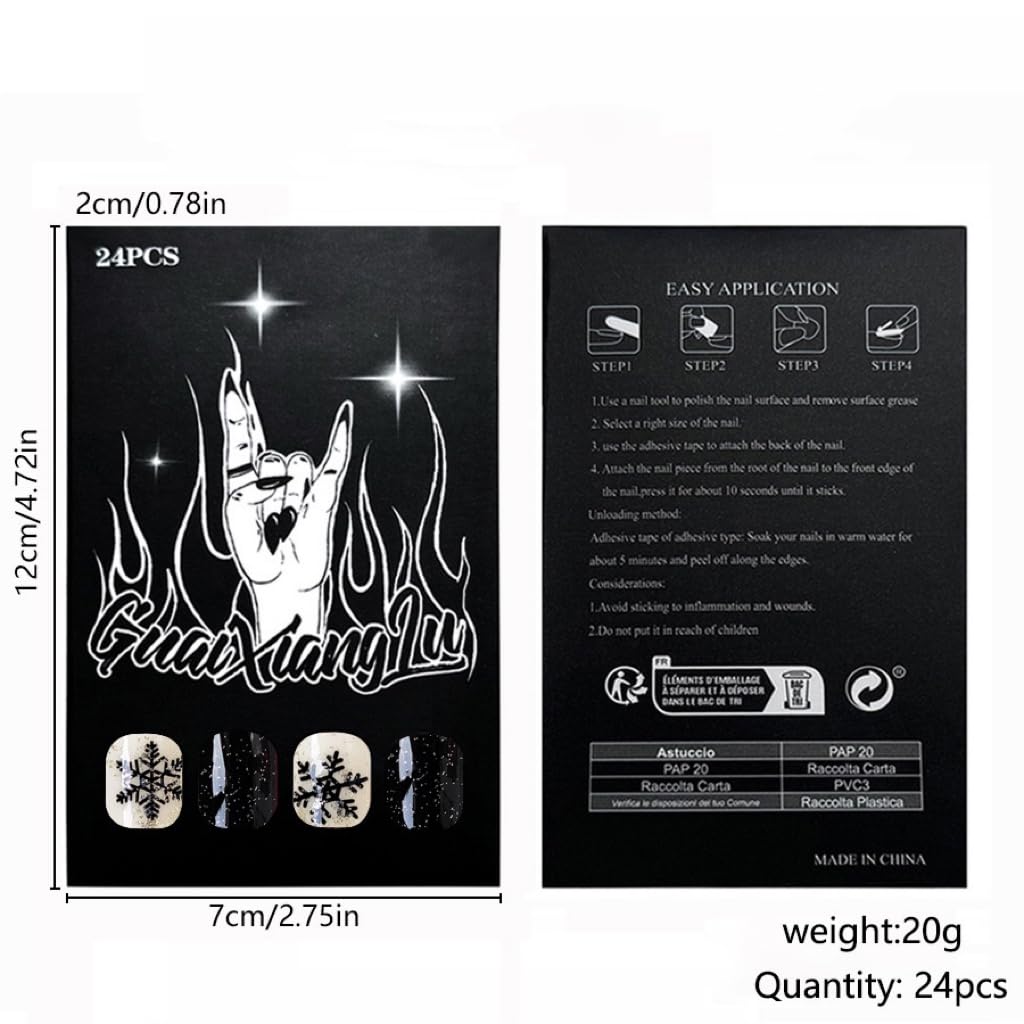 Christmas Press on Nails Short - Square Fake Nails with Black Snowflake Design - Glitter, Winter Full Cover Stick on False Nails - for Women 24 Pcs