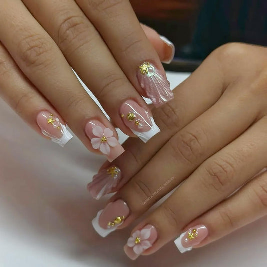 Summer French Tip Press on Nails Medium Square Pink Fake Nails with Flower, Gold Shell & Starfish Decor Summer Beach White French Tip False Nails Reusable Nail Art for Women 24 Pcs