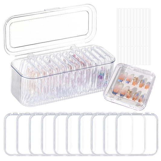 JOBEDE Press On Nail Case, 10 Pcs Press on Nail Boxes with1 Big Storage box 60 Pcs Adhesive Double Sided Tape