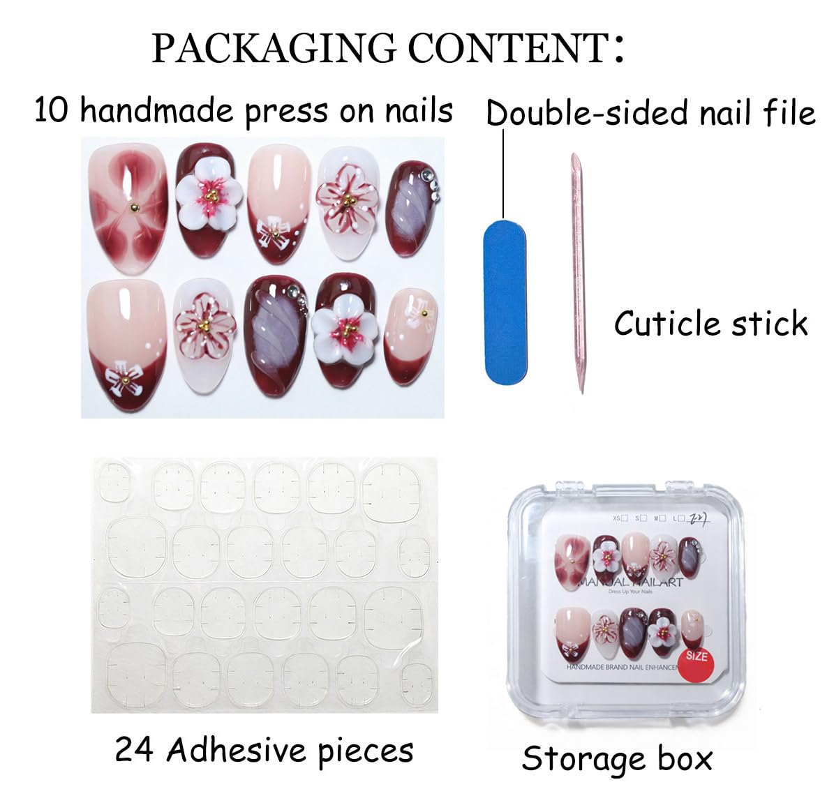 10Pcs Short Almond Handmade Press On Nails | Nude Pink & Burgundy Ombre with 3D Floral & Rhinestone Decor | Reusable Salon-Quality Fake Nails for Women and Girls (251209, XS)
