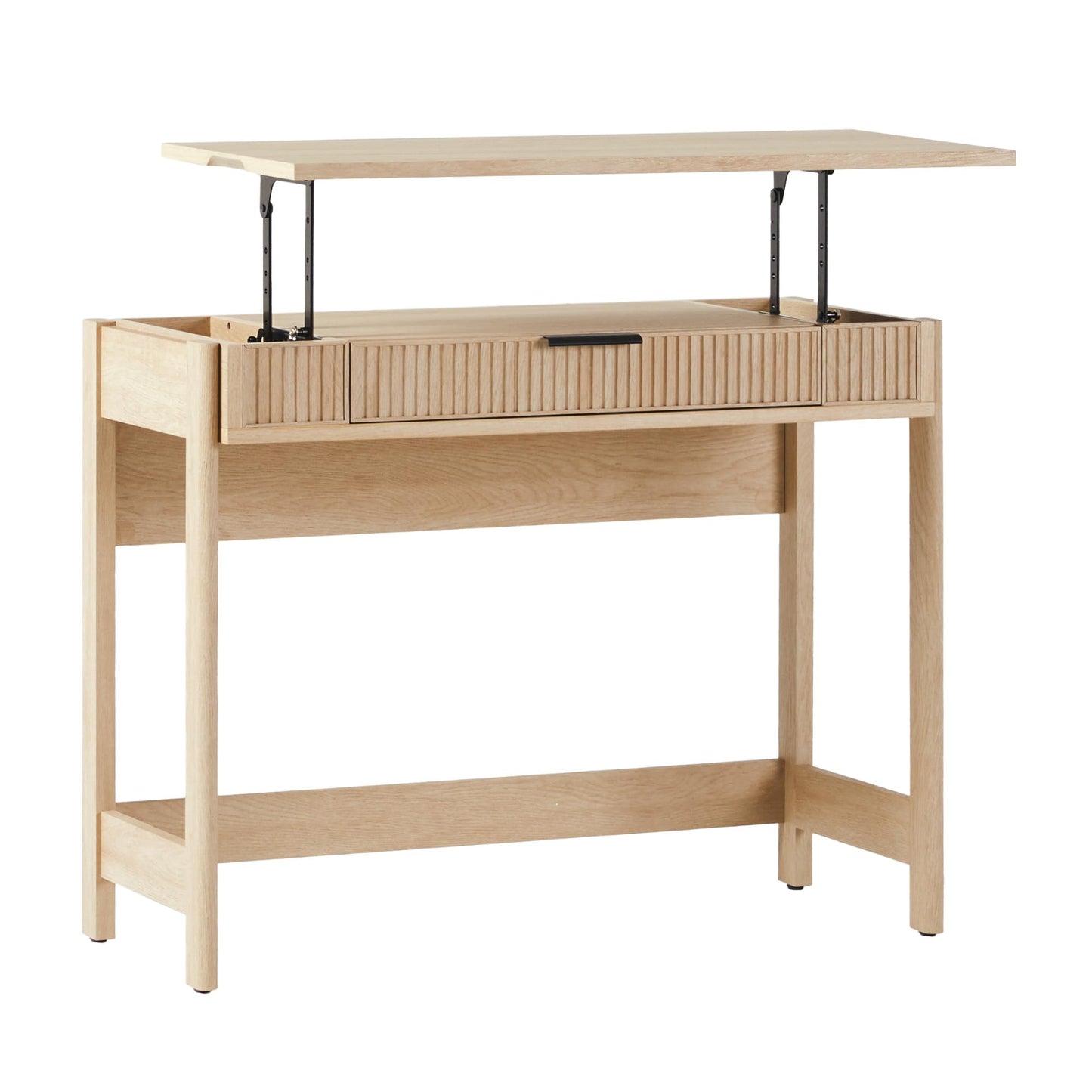 WALKER EDISON Transitional Style Furniture, Reeded Detail, Lift-Top Desk with Drawer and Storage Cubby, Sitting to Standing Desk, Soft Self-Close Desktop, 38”W x 16.75”D x 30”H, Coastal Oak