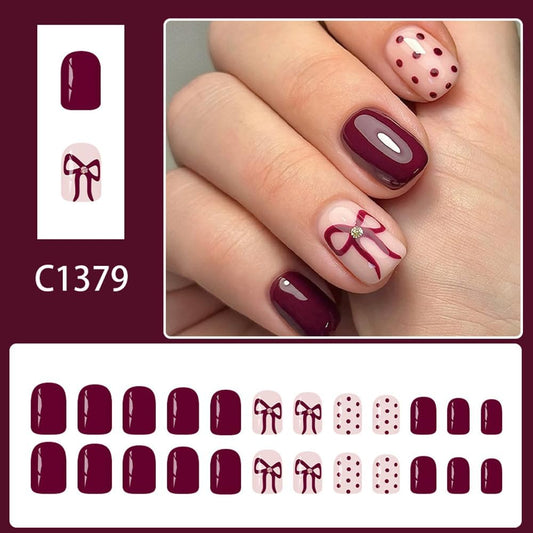 Red Press on Nails Polka Dot Short Square Acrylic Nails Fake Nails with Bow Design Cute Gel Artificial Nails Holiday Fingernails Glue on Nails Winter Valentines Stick on Nails for Women 24Pcs
