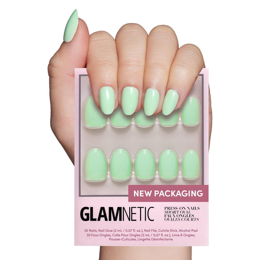 Glamnetic Press On Nails - Mint Green | Solid Opaque Pastel Green Short Oval Fake Nails, Salon Quality | 15 Sizes - 30 Nail Kit with Glue