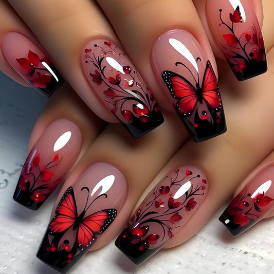CEWEWP Medium Press on Nails Square Red Butterfly Flowers Fake Nails with Design Black French Nails Press ons Nude Acrylic False Nail Reusable Nail Tips Kit Full Cover Stick on Nails for Women 24Pcs