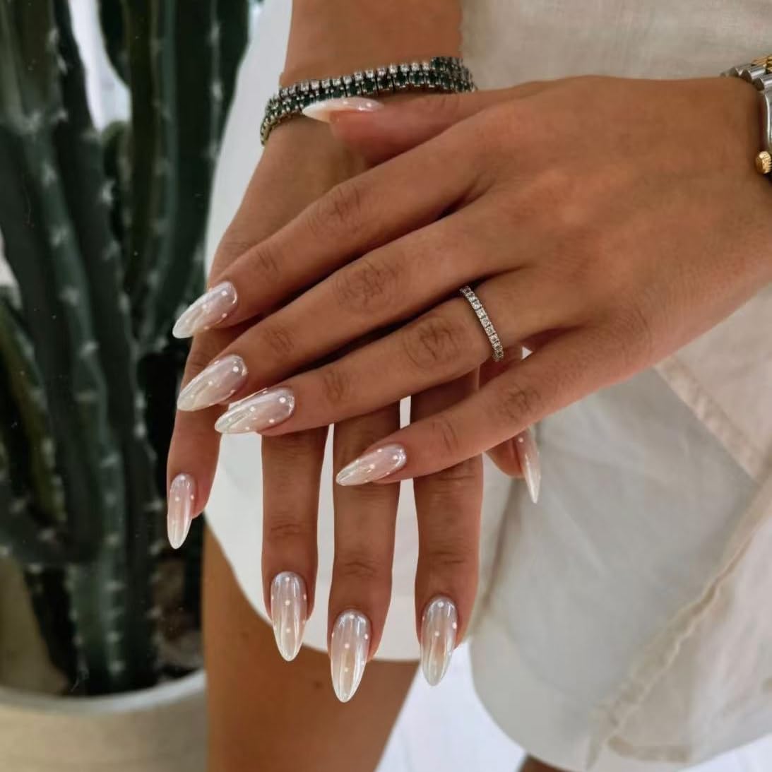 Handmade French Tip Press on Nails Almond Fake Nails with Handmade Pink Acrylic Nails Design Full Cover Glossy Stick on for Women Manicure Decoration White polka dots 10PCS (MT-122-M)