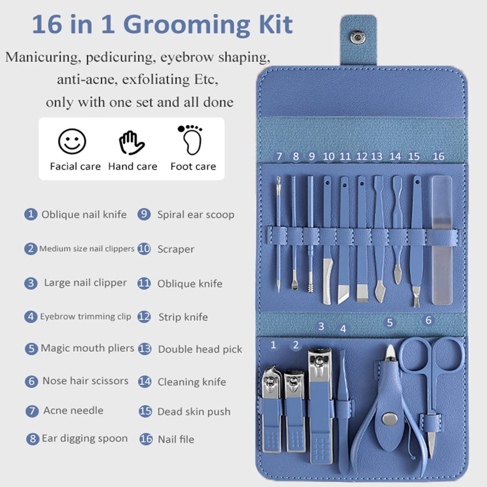 16pcs Manicure Set With PU Leather Case Nail Clippers Kit Pedicure Care Tools Nail Care Scissors Clippers Trimmer Nail Art Tools,New Green