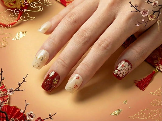 Bridal Bouquet - Handmade Short Coffin Press on Nails Red White Fake Nails with Blossom Design 10Pcs Size L Complete Kit Press Ons - Eli Miré