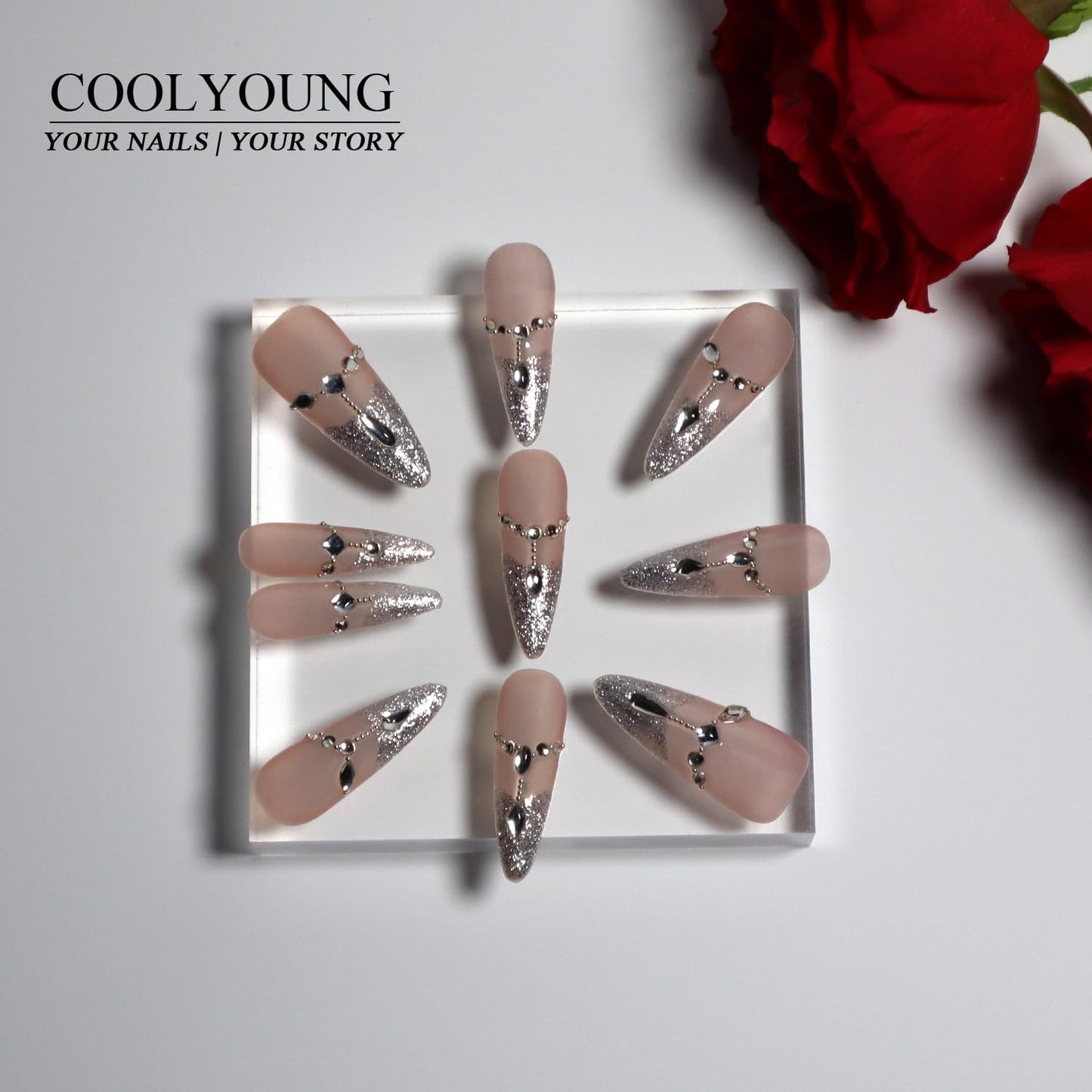 Press On Nails almond Hand Made Acrylic Press On Nails 3D Nails Press On French Press On Nails Classy Nails Birthday Gifts Acrylic Press On Nails COOLYOUNG Nails, 10 PCS, Size L