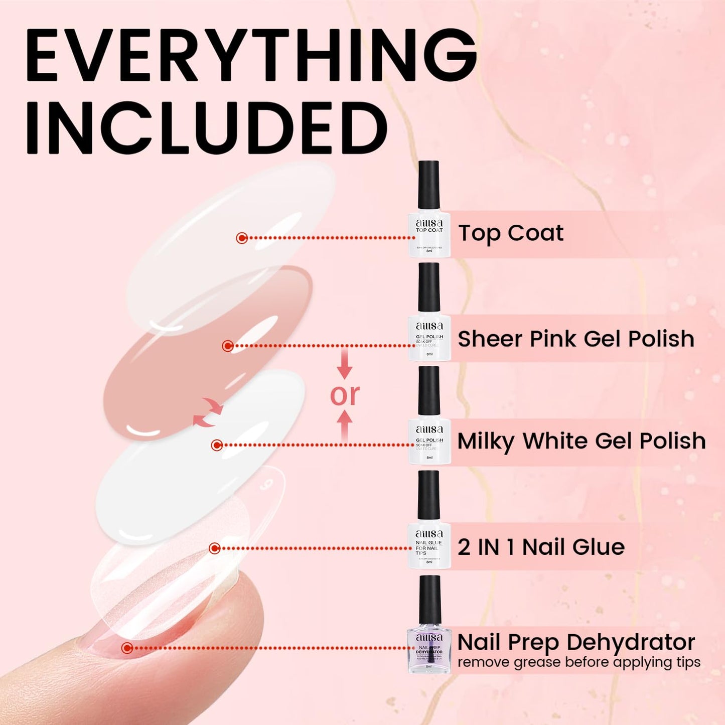 AILLSA Nail Extension Kit Short Almond Nail Tips 240pcs with 2 In 1 Nail Glue Base Coat and Nail Dehydrator, Gel Nail Tips Kit with Nail Lamp Top Coat for Starters Home Salon