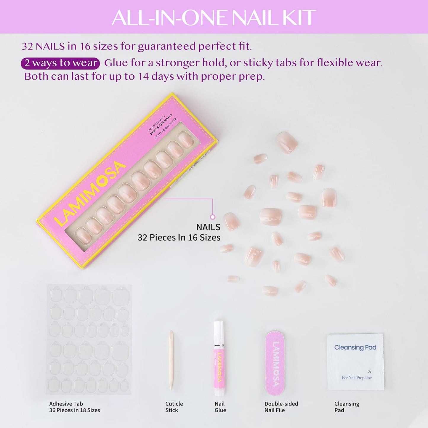 LAMIMOSA 32Pcs Press On Nails Short Round - Ombre Fake Nails with Glue, Soft Gel Nails in 16 Sizes, Reusable Glue on Nails kit, CAPPUCCINO