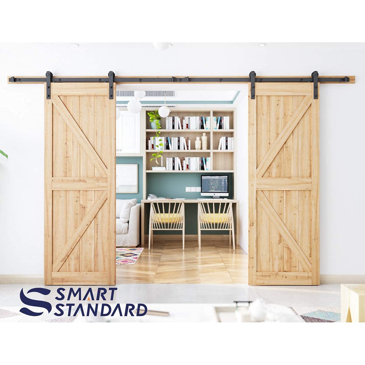 SMARTSTANDARD 12FT Heavy Duty Double Door Sliding Barn Door Hardware Kit,Smoothly and Quietly-Easy to Install-Includes Step-by-Step Installation Instruction Fit 36" Wide Door Panel