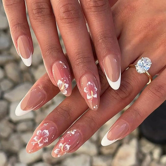 MINGCHUN Nude Pink Press on Nails Medium Almond White French Tip Fake Nails Press ons Acrylic Nail Art Kit Full Cover False Nails Glue on Nails with Flower Glossy Design for Women Nail Supplies 24Pcs