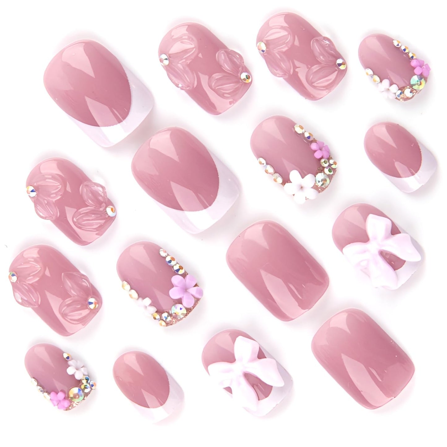 Short Square Press on Nails Flower Fake Nails French Tip Press on Nails with Rhinestones Design 3D Pink Bow Glue on Nail Glossy False Nails White Pink Stick on Nail Decoration Set 24Pcs