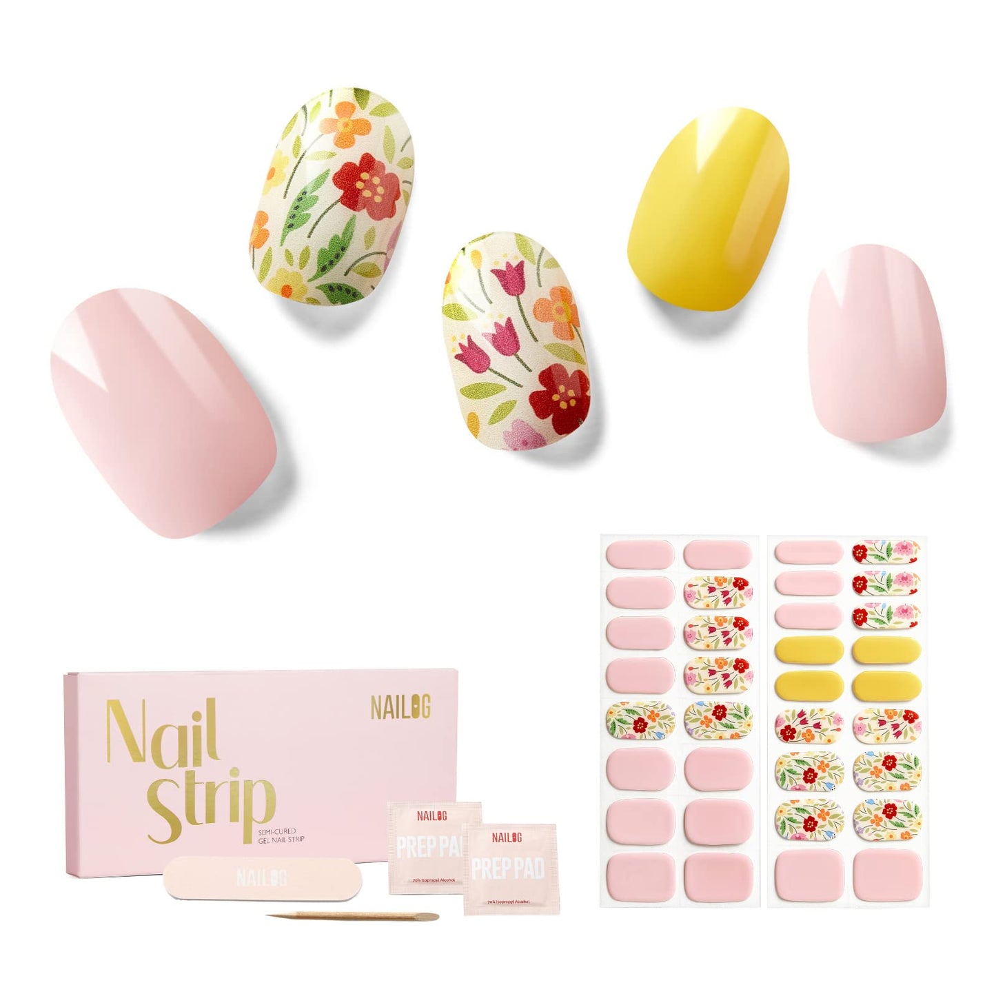 Nailog Semi Cured Gel Nail Strips 34 pcs | Long Lasting Nail Polish Sticker Wraps with Glossy Gel Finish | Idyll