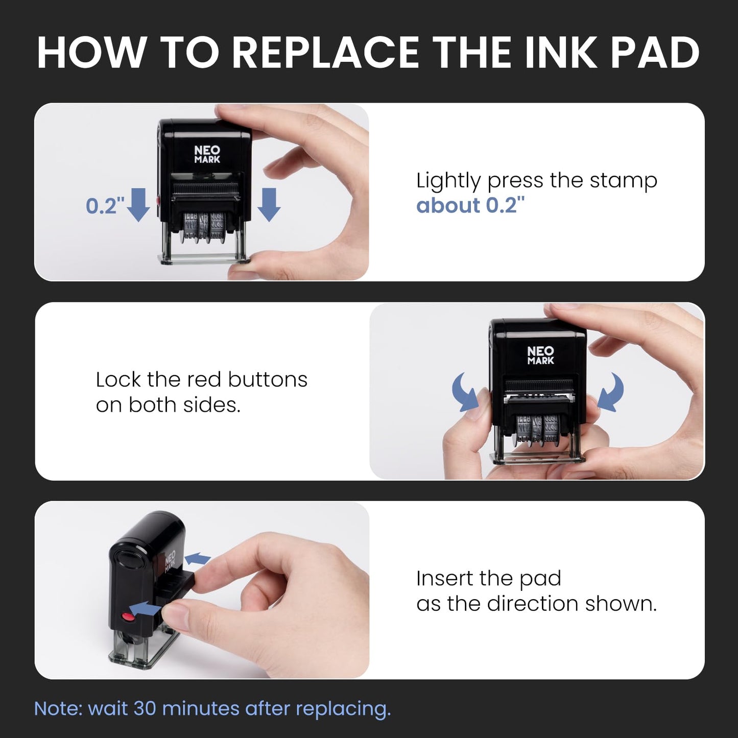 NEO MARK Self-Inking Date Office Stamp with Paid Blue Ink & Date Red Ink, 12-Year Adjustable Rubber Dater, Ideal for Documents, Business & Accounting - with an Extra Refill Ink Pad