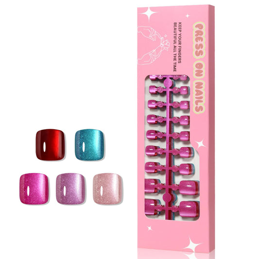 CUZIAM Cat Eye Toe Nail Press Ons Set, 5 Color Pastel Short Square Press on Toenails for Women, 120Pcs Nude Hot Pink Blue Purple Red Magnetic Gel Spring Summer Full Cover Glossy Acrylic Fake Toe Nails