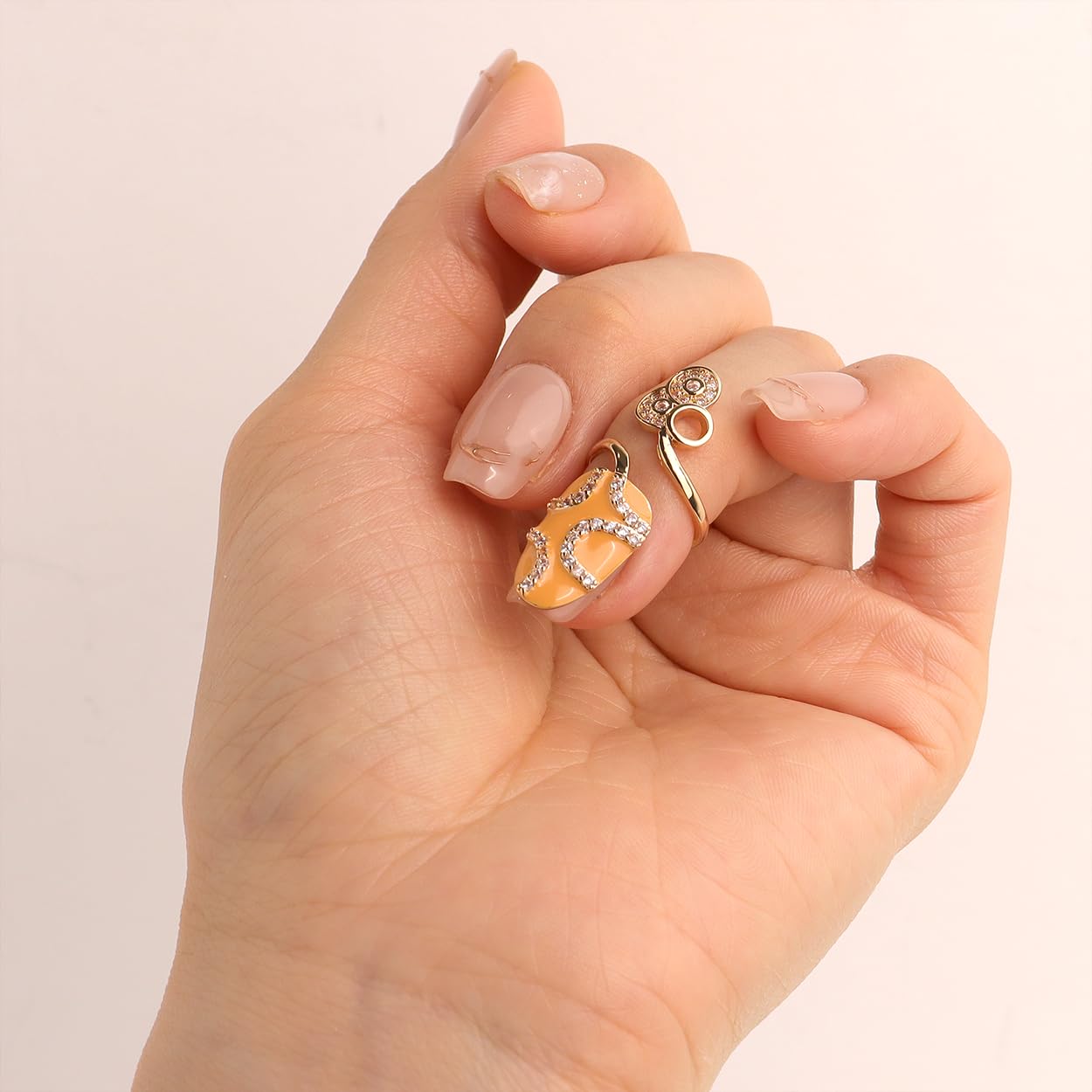 Jean Beau Orange Finger Nail Ring for Women Teen Art Round Rhinestones CZ Finger Cap Cover Tip Rings Gold Metal Nail Decoration Nail Protect Fashion Jewelry Gift