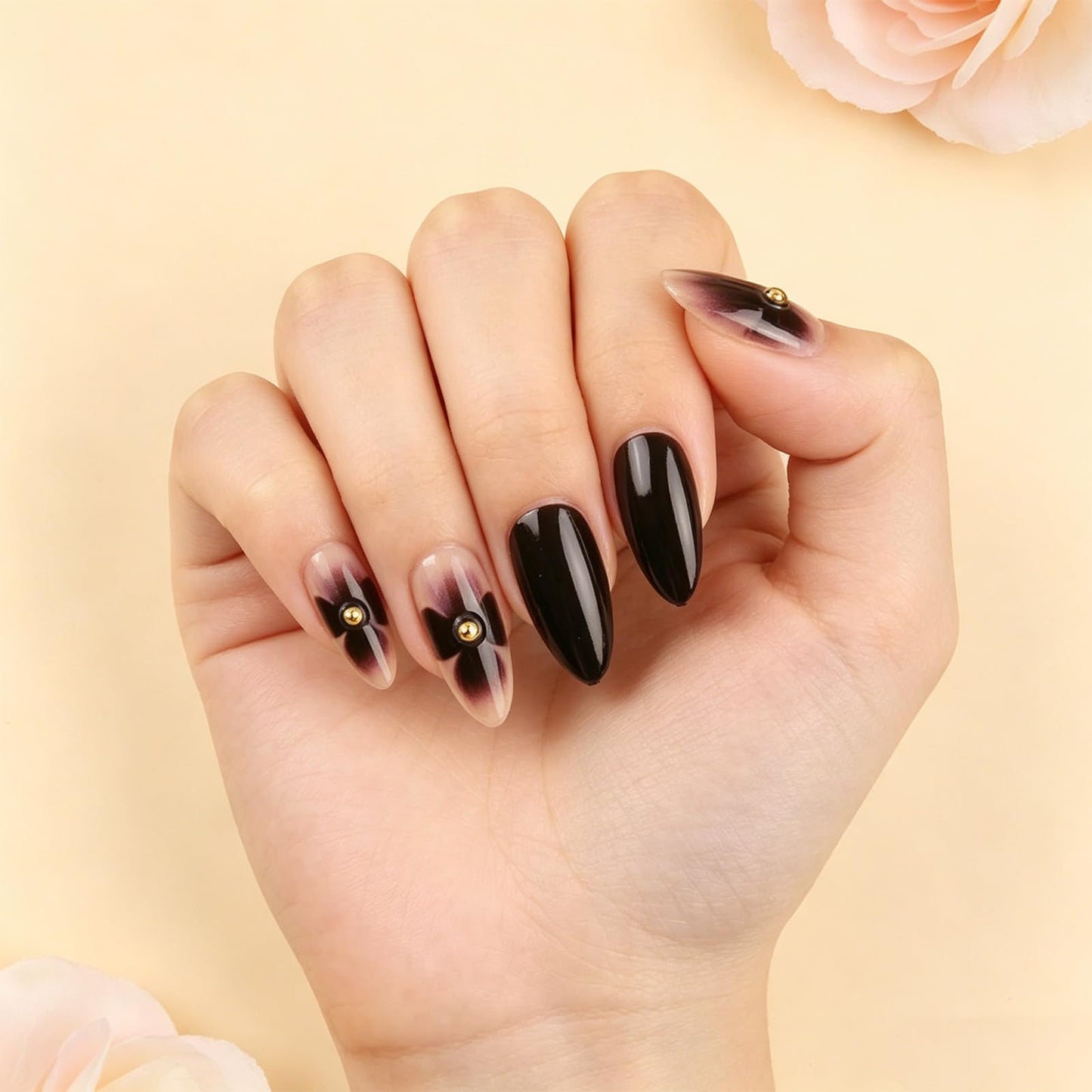Press on Nails with Flower Design Floral Medium Almond False Nails Black Ombre Fake Nail Glossy Gold Accent Glue on Nail Gradient Stick on Fingernails for Women Elegant Daily Wear