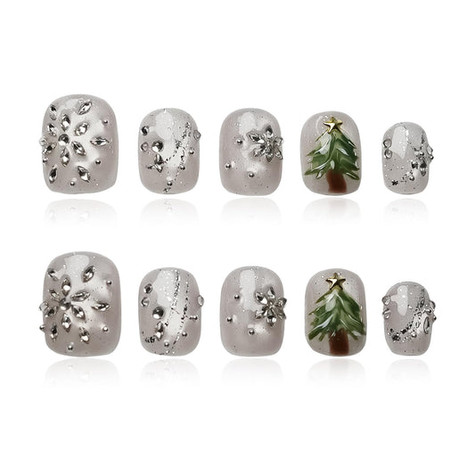 Tesytto Winter Bling Press on Nails Short Coffin Handmade Fake Nails with 3D Snowflake Gems Design, Silver Glitter Artificial Nails Tree Light Design Reusable Stick on Nails (Winter Snow Scene, M)