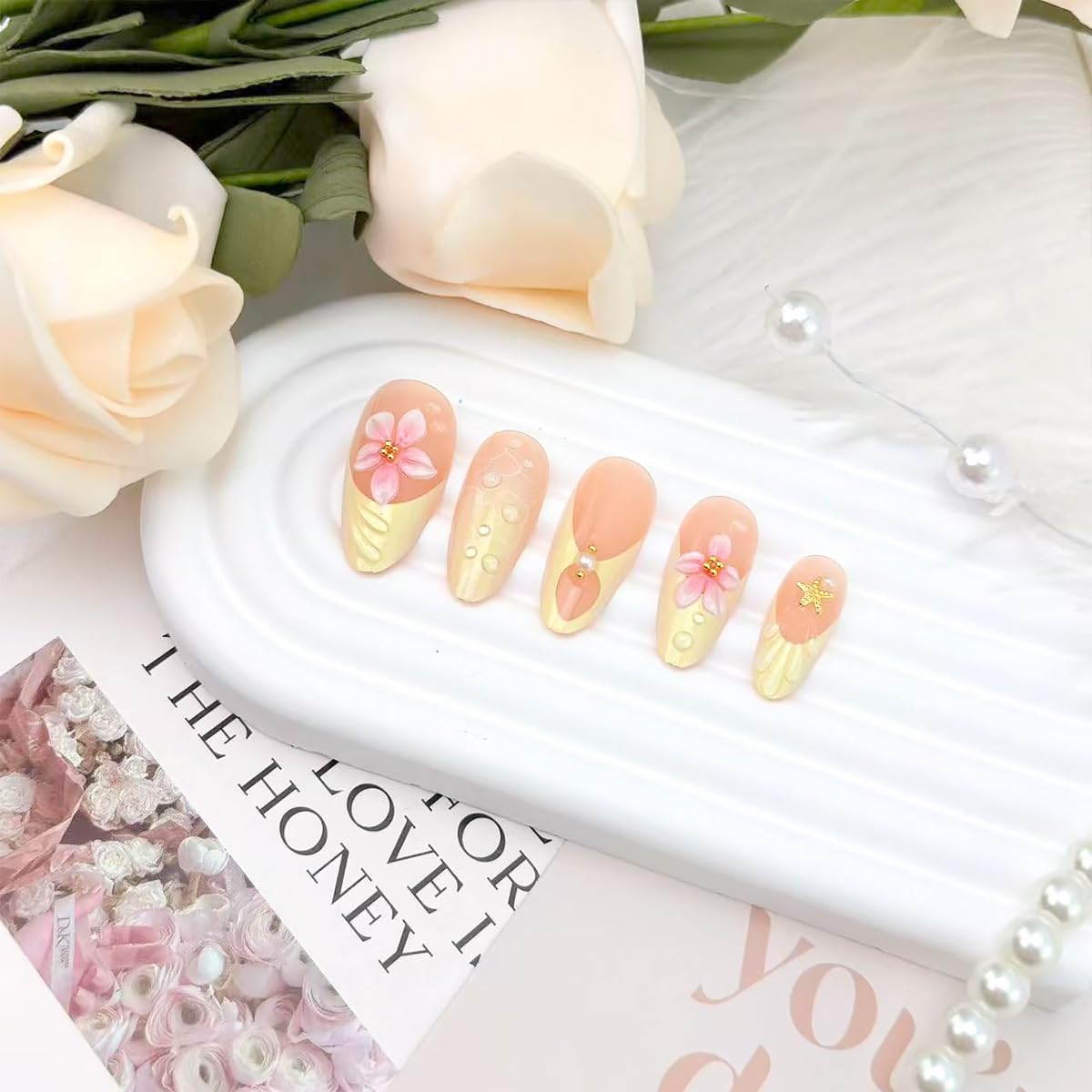 24Pcs Flower Press on Nails Medium Almond Fake Nails Yellow French Tip False Nails with 3D Pink Flower Dewdrop Design Pearl Gems Artificial Stick on Nails Full Cover Glue on Nail for Women Manicure