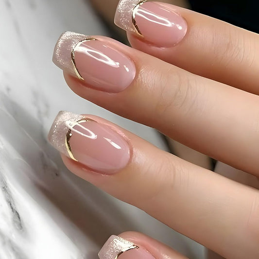 French Tip Press on Nails Medium Square MABKJLF Nude Pink Fake Nails False Nails with Designs Glittery Natural Nails Full Cover Glossy Glue on Nails Acrylic Nails for Women Girls 24Pcs
