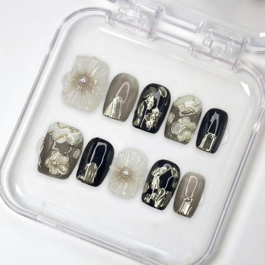 Square Press on Nails Full Cover Fake Nails with White Flower Handmade Press on Nails Short Black False Nails Embossed Silver Floral Acrylic Nails Thick Stick on Nails for Women Nail Art DIY（M)