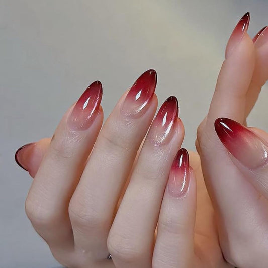 Short Press on Nails Almond - Red Fake Nails with Ombre Design - Glossy Glitter Full Cover Stick on False Nails - for Women 24 Pcs