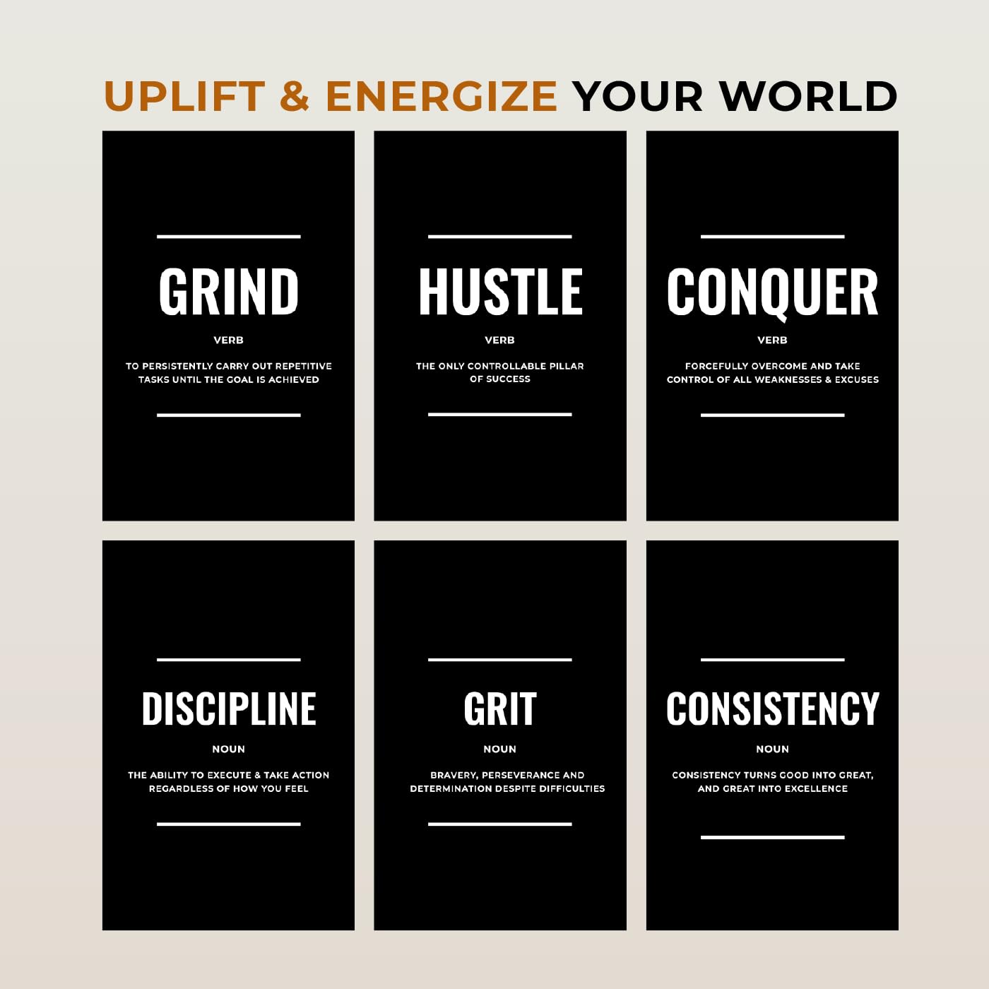 Black and White Motivational Posters Set of 6 - Inspirational Wall Art Prints for Men | Hustle Grind Discipline Office, Home Gym & Bedroom Decor | Bold Monochrome Quotes | ThrowbackTraits