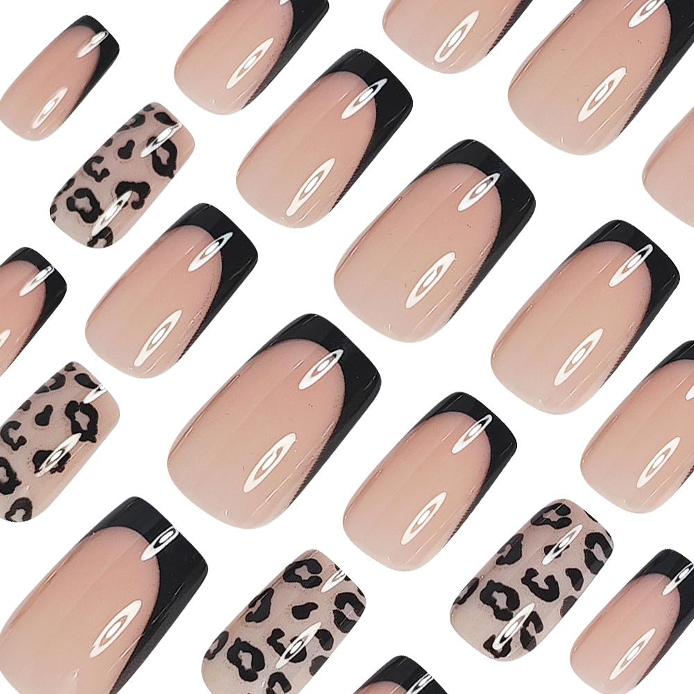 Black Leopard Print Press on Nails Medium Square Fake Nails Black French False Nails with Cheetah Print Design Stick on Nails for Women Girls Manicure Decoration 24 Pcs